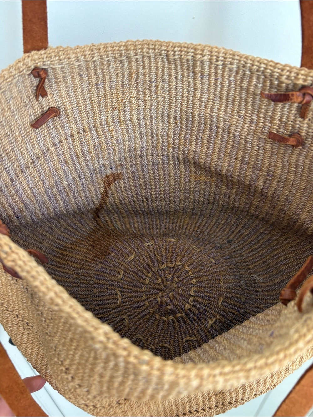 Woven Straw Tote Bag with Brown Leather Straps - Picture 5 of 9